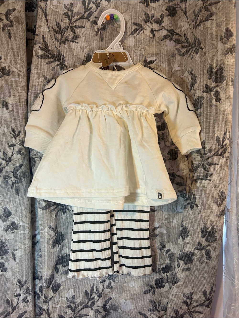 Cream Long-Sleeve Ruffle Pajama Dress with Black-Striped Leggings